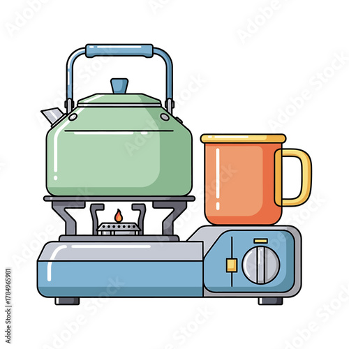 Camping stove with kettle and mug, illustration.