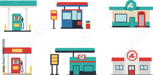 Set of modern gas station icons, fuel pump, petrol service station, transportation energy, automotive refueling, and fuel industry illustration design