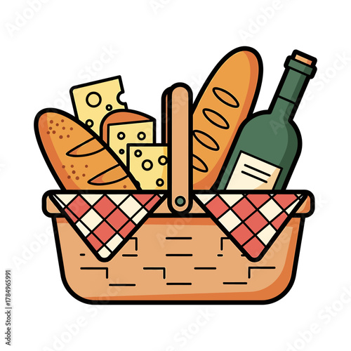 A charming illustration of a picnic basket filled with fresh bread, cheese, and a bottle of wine, ready for an outdoor excursion.