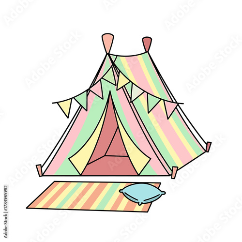 A colorful striped play tent with pennant banners, a mat, and a pillow, on a white background.