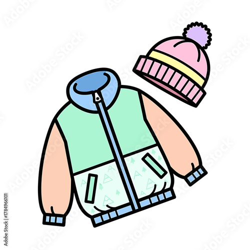 A cute cartoon illustration of a warm winter jacket and a knitted beanie hat with a pom-pom, isolated on a white background.