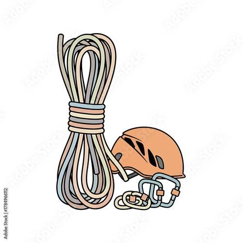 A coiled climbing rope, a helmet, and carabiners are depicted in a simple illustration.