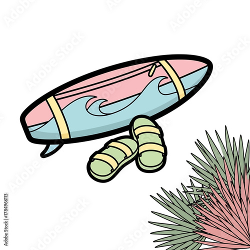 A colorful cartoon illustration of a pink and blue surfboard with waves, green flip-flops, and tropical palm leaves, evoking a summer beach vacation.