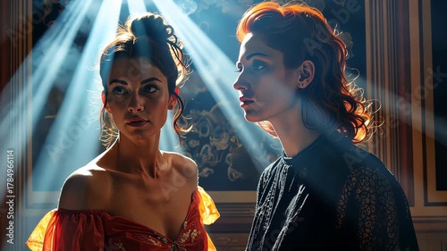 Two Women in Dramatic Lighting with Smoky Atmosphere Capturing Emotion and Mystery Inside a Ornate Room