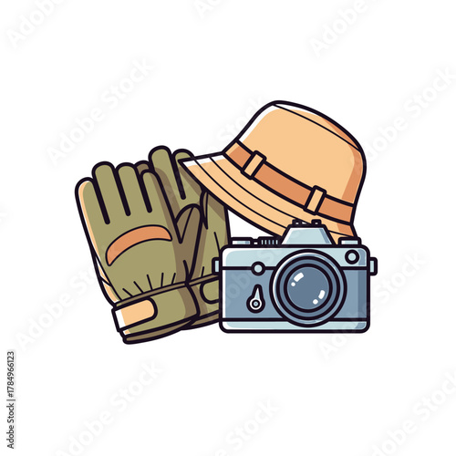 An illustration of travel and adventure gear including a camera, hat, and gloves.