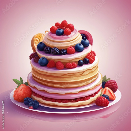 Delicious MultiLayered Dessert Tower Overflowing With Fresh Mixed Berries And Cream