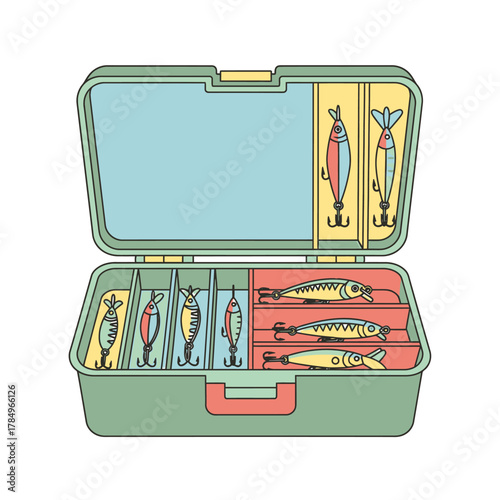 An open tackle box filled with various fishing lures, organized into compartments for easy access and storage.