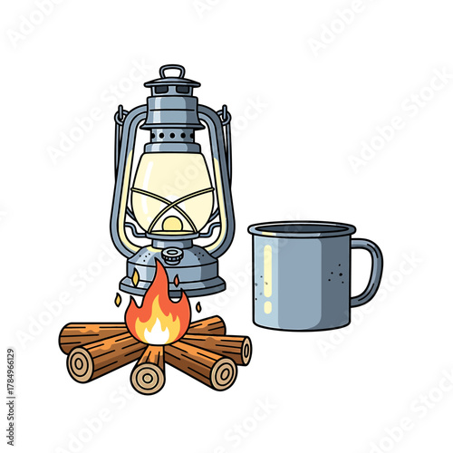 A vintage oil lantern, a crackling campfire with logs, and a metal camping mug, depicting an outdoor adventure scene.