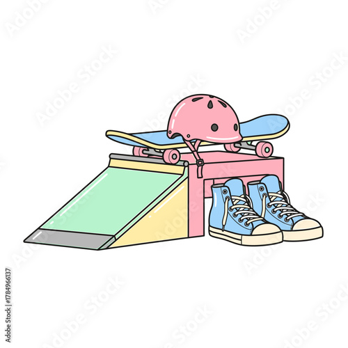 A colorful illustration showcasing a skateboard, helmet, ramp, and sneakers, perfect for skateboarding enthusiasts.