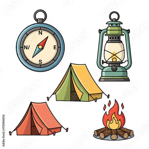 A collection of cartoon-style camping equipment icons including tents, a campfire, a compass, and a lantern.
