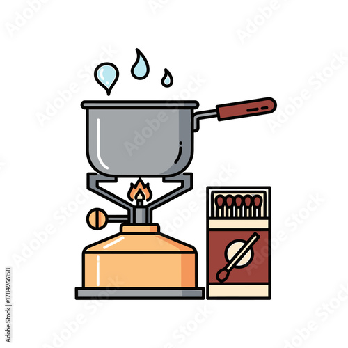 A portable camping stove with a pot of boiling water and a box of matches.