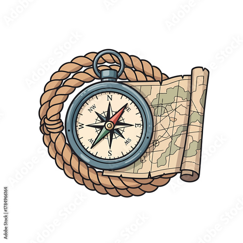 A vintage compass and rolled-up map are artfully arranged with a thick, braided rope, evoking a sense of adventure and exploration.