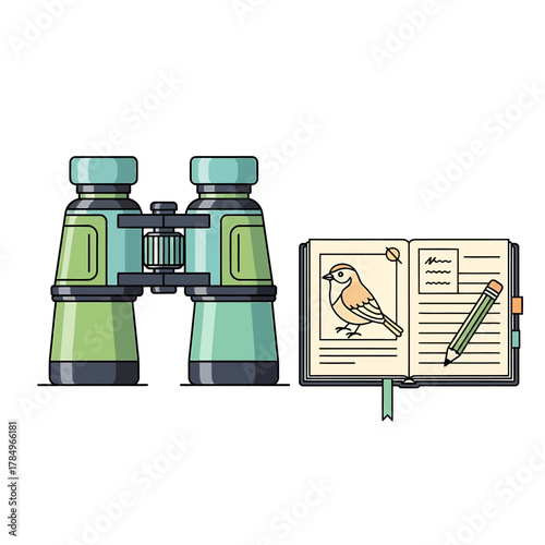 Illustration of binoculars and a notebook with a bird drawing, representing birdwatching and nature observation.