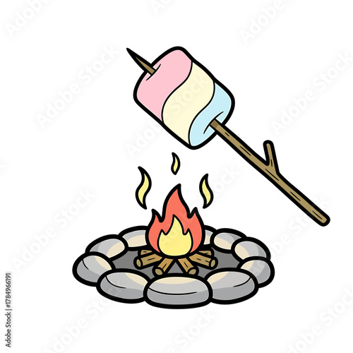 Roasting a colorful twisted marshmallow on a stick over a small campfire.