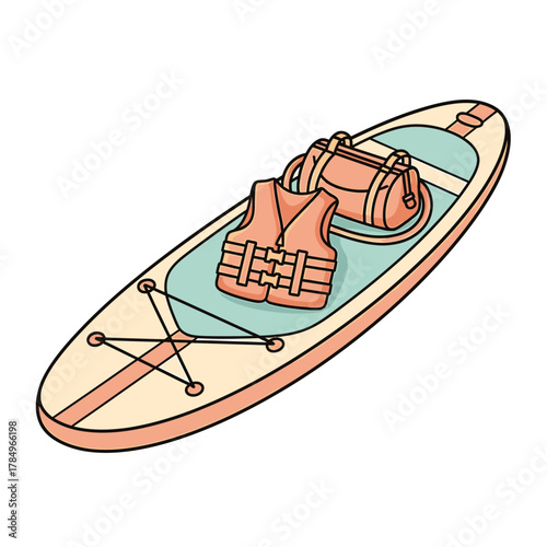 A stand-up paddleboard with a life jacket and a duffel bag on top, ready for an adventure on the water.