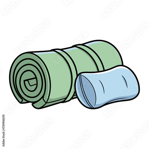 A rolled green sleeping mat and a small blue pillow, ready for rest or travel.
