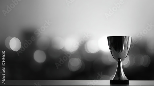 Black and white trophy with blurred city background, symbolizing success and achievement, monochrome sports award concept