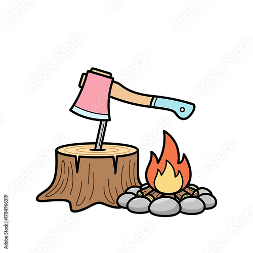 An illustration of an axe stuck in a tree stump next to a campfire with stones.
