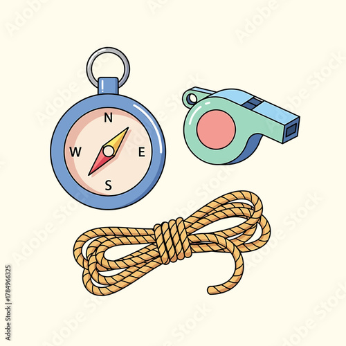 Illustration of essential outdoor adventure gear including a compass, whistle, and coiled rope on a light background.