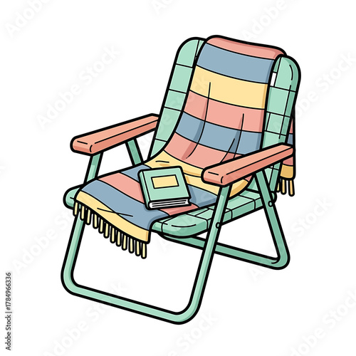 Illustration of a beach chair with a striped blanket and a book on it.