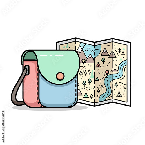 A colorful cartoon shoulder bag and a folded adventure map for travel and exploration.