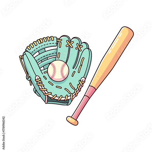 A baseball glove with a ball inside and a baseball bat next to it, all on a white background.