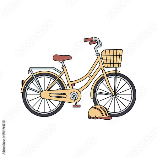 Illustration of a yellow bicycle with a basket and helmet, showcasing a vintage or classic design.