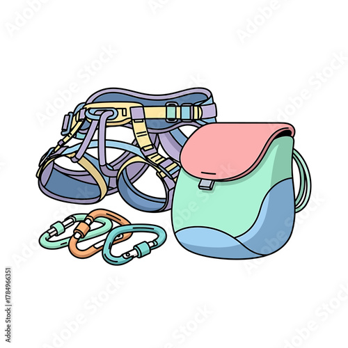 A colorful illustration showcasing climbing equipment, including a harness, carabiners, and a chalk bag.