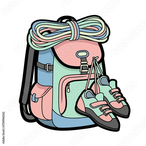 Illustration of a backpack with climbing shoes and rope, suitable for outdoor activities and adventures.