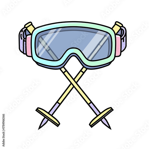 A stylized illustration of ski goggles and crossed poles representing winter sports equipment.