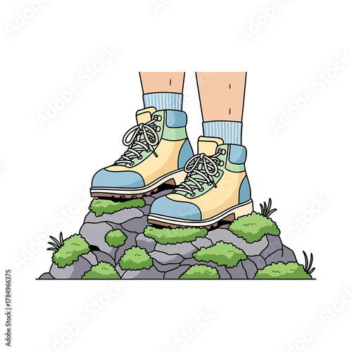 A pair of hiking boots standing on moss-covered rocks, symbolizing outdoor adventure and exploration.