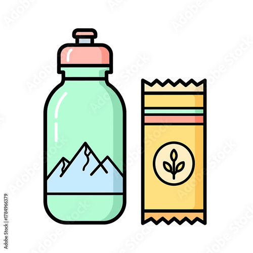 A cartoon illustration of a light green water bottle with a mountain design next to a yellow packet featuring a green leaf icon, both outlined in black.