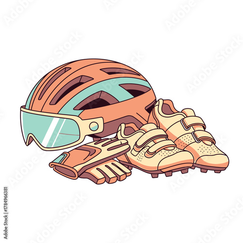 A detailed illustration of cycling gear, including a helmet, gloves, and shoes, ready for a ride.