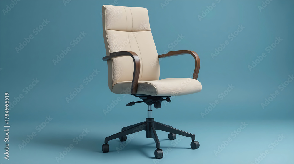Fototapeta premium Elegant Modern Executive High-Back Office Chair with Black and Beige Leather Upholstery and Wooden Armrests on Blue Background for Business and Furniture Advertising