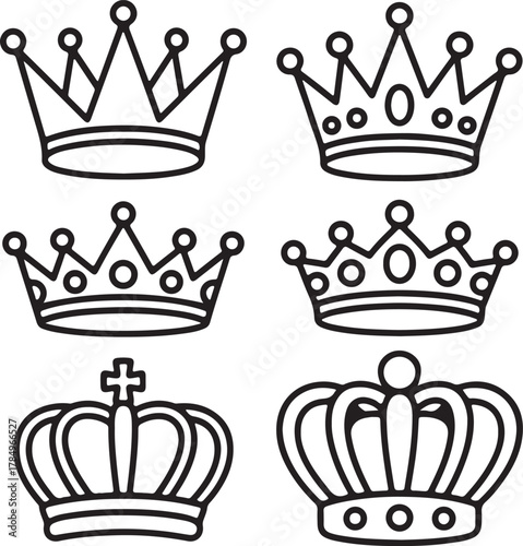 set of crowns Line Art Drawing Vector Illustration for Coloring Book Page