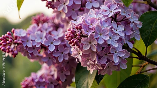 Close-up of vibrant lilac flowers in full bloom with lush green leaves, showcasing nature's intricate beauty and delicate petal structures in a serene garden setting