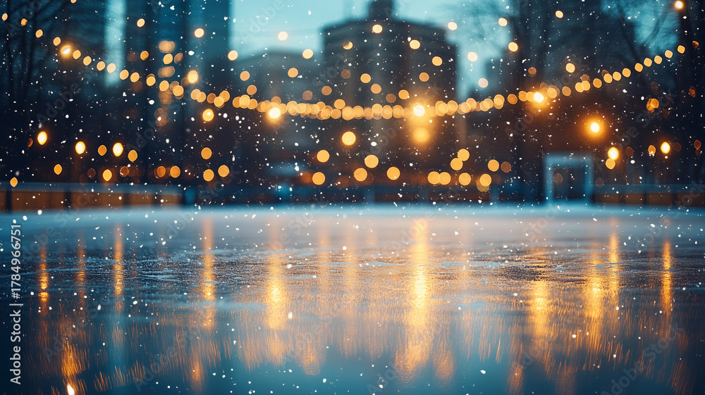 Obraz premium Empty outdoor ice skating rink glows softly at sunset with reflections and gentle snowfall creating a peaceful winter scene in the city