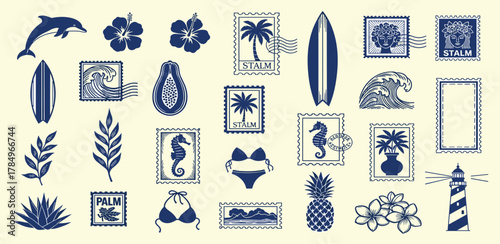 Hand-drawn collection of tropical beach and ocean-themed elements, including surf culture, marine life, and island flora, perfect for summer holiday designs and travel content