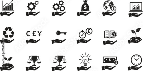 Various Business and Finance Icons Held in Hand on White Background