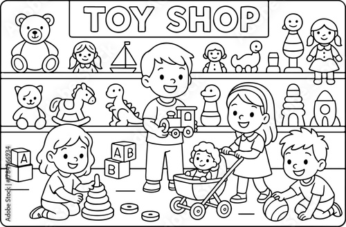 hand drawn vector illustration of kids playing with toys coloring page for kid