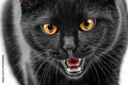 Close-up of a powerful black cat hissing fiercely. Intense yellow eyes, open mouth revealing sharp teeth and pink tongue. Dramatic, expressive portrait of a domestic animal.