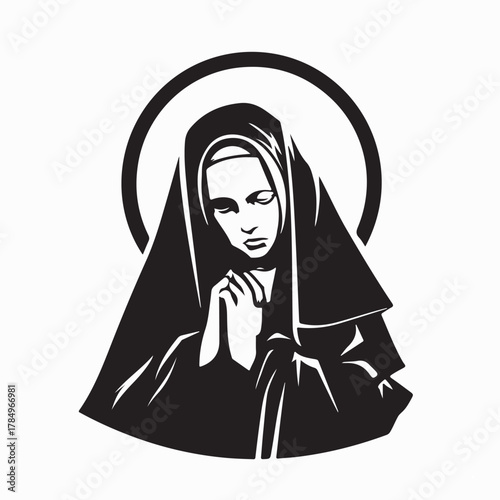 Religious Nun Praying Silhouette Vector isolated on white background