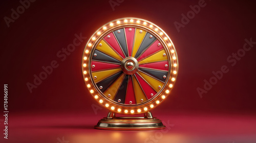 Golden prize wheel with red, yellow, black segments, illuminated by lights. Set against a red background, symbolizing luck, chance, and winning.