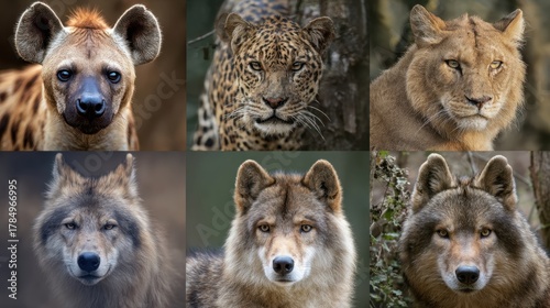 Close-up Collage of African Lions and Big Cats - Leopards, Wolves, Hyenas, and More