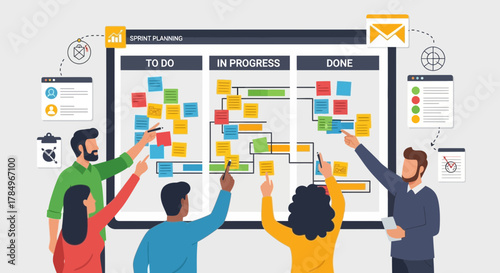 Team collaborating on a sprint planning board with sticky notes and workflow columns, symbolizing teamwork.