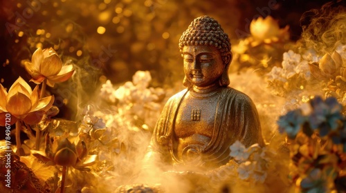 Golden Buddha Statue Amidst Illuminated Flowers and Mist in Spiritual Setting