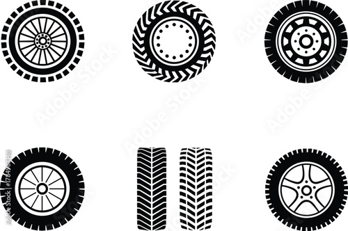 Set of various black and white automobile tire icons, wheel rims, detailed tread patterns, vehicle parts, car repair concept, transportation illustration