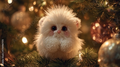 Cute Plush Creature with Big Eyes Surrounded by Christmas Decorations and Lights