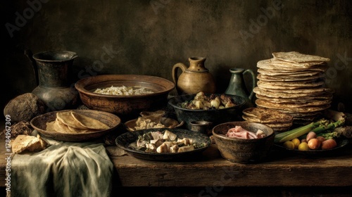 Rustic Ancient Feast with Bread, Vegetables, and Traditional Serving Ware
