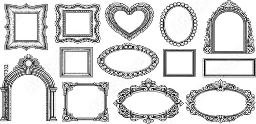 Elegant collection of hand-drawn vintage decorative frames and ornate borders, featuring intricate design elements perfect for embellishing photos, artwork, or digital layouts with classic style